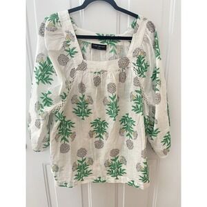 Lane Bryant Floral Blouse Cream Green Square Neck Long Sleeve Boho Top